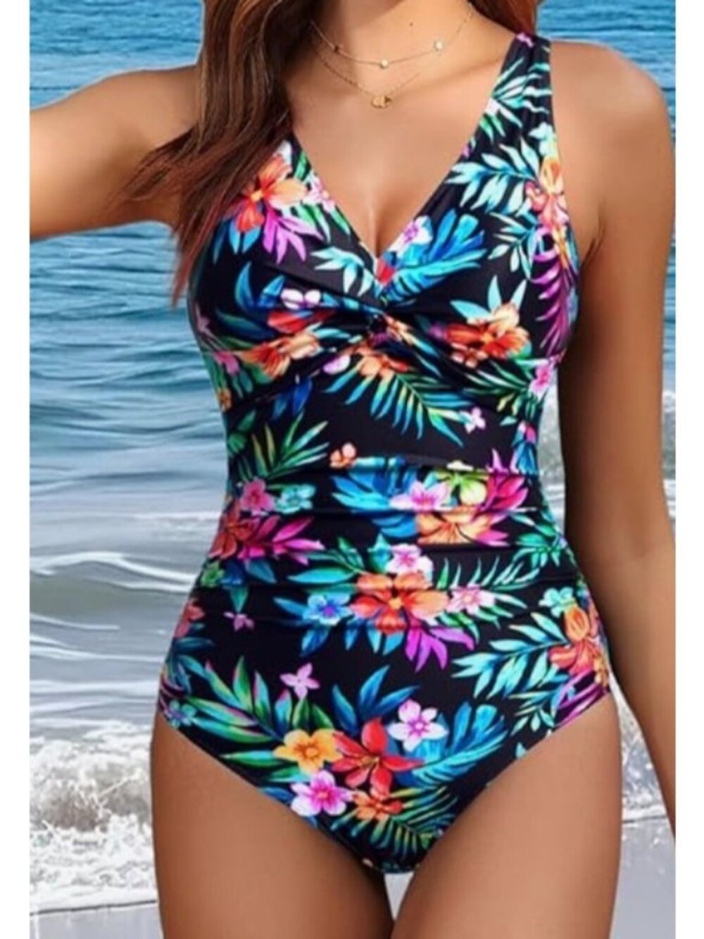 Women Holipick Tropical Floral V-Neck One-Piece Swimsuit Size XL